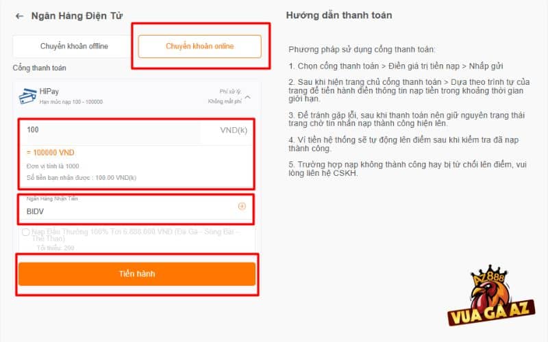 Chọn hình thức chuyển khoản online và nhập số tiền nạp