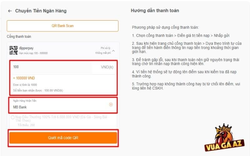 Điền số tiền cần nạp và chọn ngân hàng